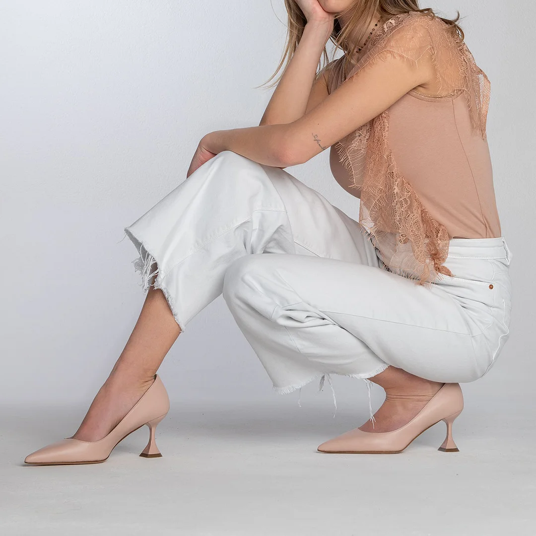 Beige Vegan Leather Pointed Toe Flared Heel Pumps for Elegant Ladies