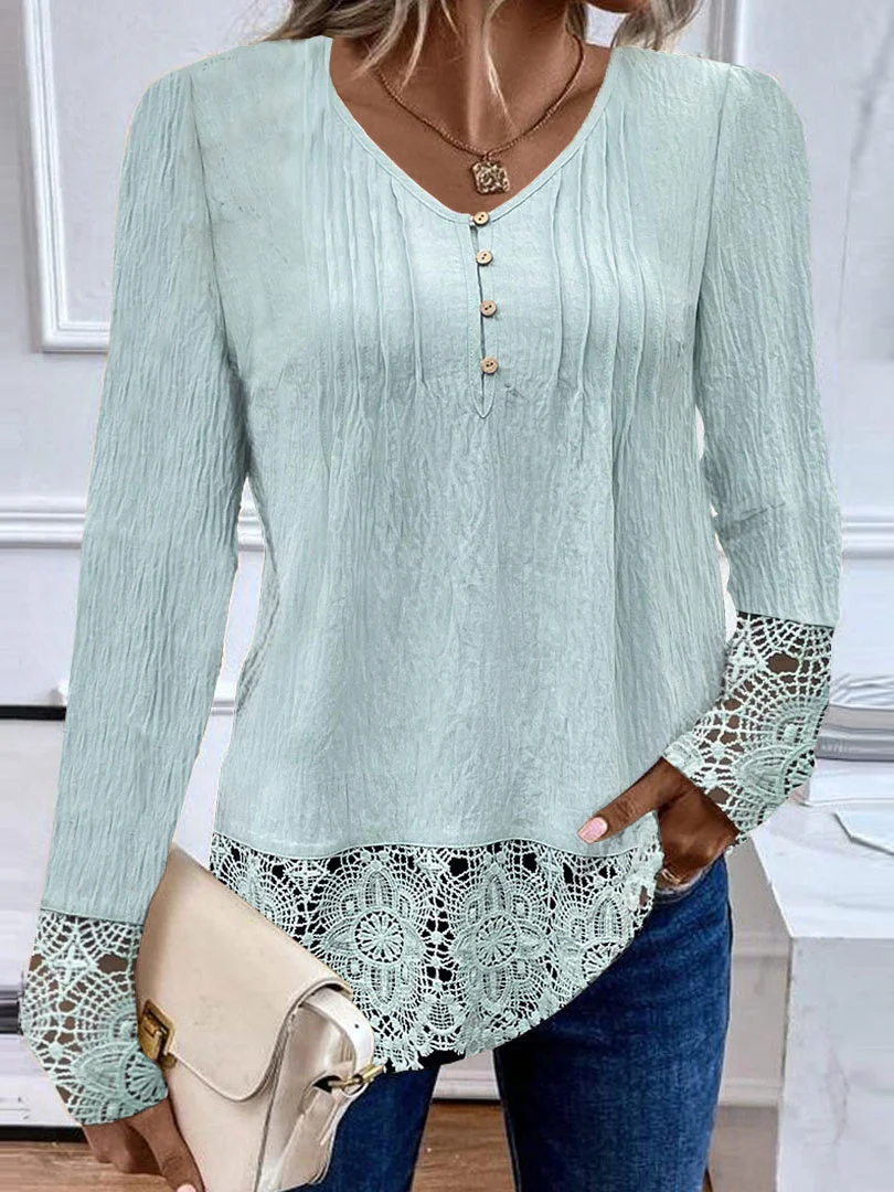 Women's Long Sleeve V-neck Solid Color Lace Buttons Top