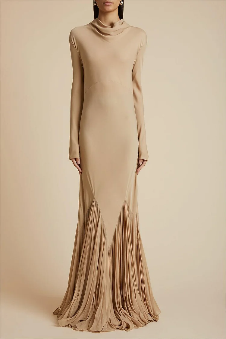 Cowl Neckline Pleat Long Sleeve Maxi Dress