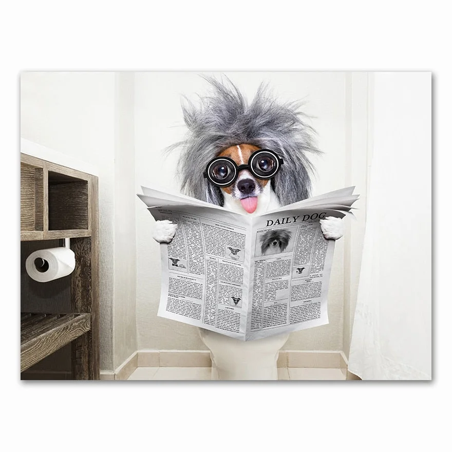 Dog Reading Newspaper Toilet Wall Art Canvas  Prints Funny Dog Painting Wall Picture Home Bathroom Decor Dogs Lover Gift