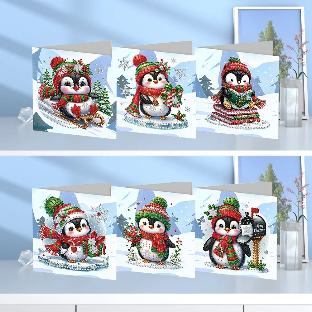6pcs DIY Christmas Penguin DIY Diamond Painting Greeting Card for Friends Family Gift【With White Envelope】