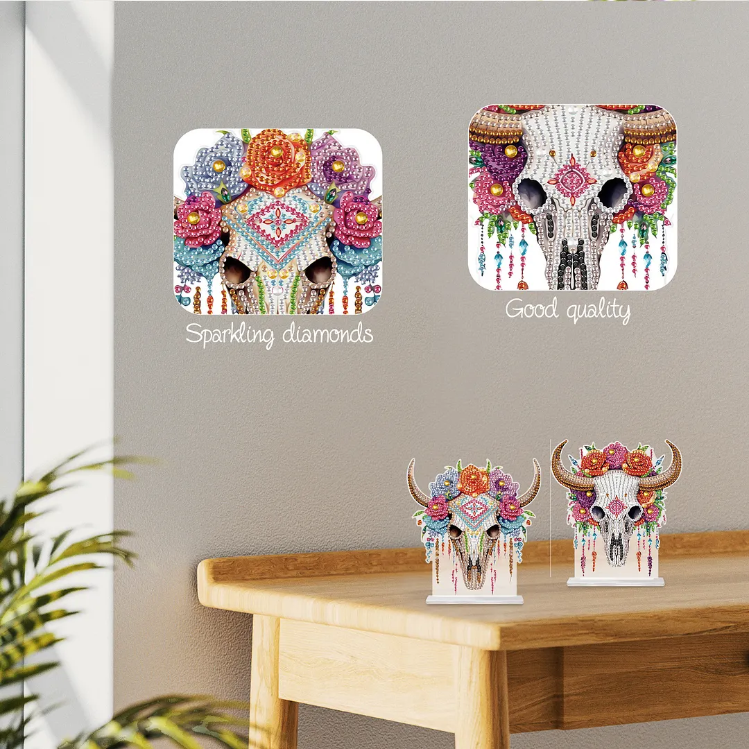 2Pcs DIY Diamond Art Tabletop Ornaments Reusable Special Gem Rhinestone Mosaic Craft Multi-Purpose Diamonds Art Suncatchers Flowers Gift for Craft Lovers (Floral Bull Skulls)