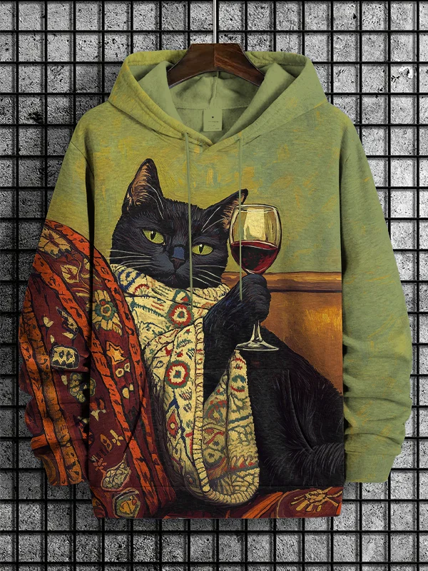Men's Lazy Black Cat Toasting Art Print Hooded Sweatshirt