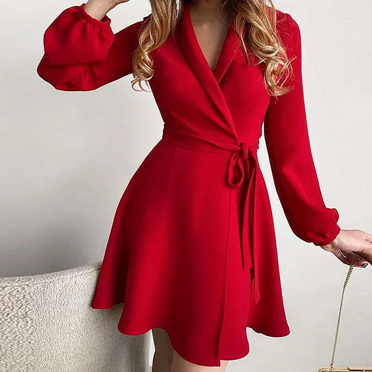 Lapel Simple Fashion Lace-Up Midi Dress