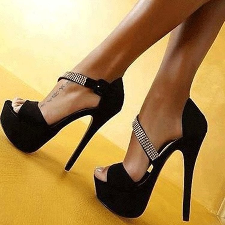 Black Platform Sandals Suede Rhinestone High Heels |FSJ Shoes