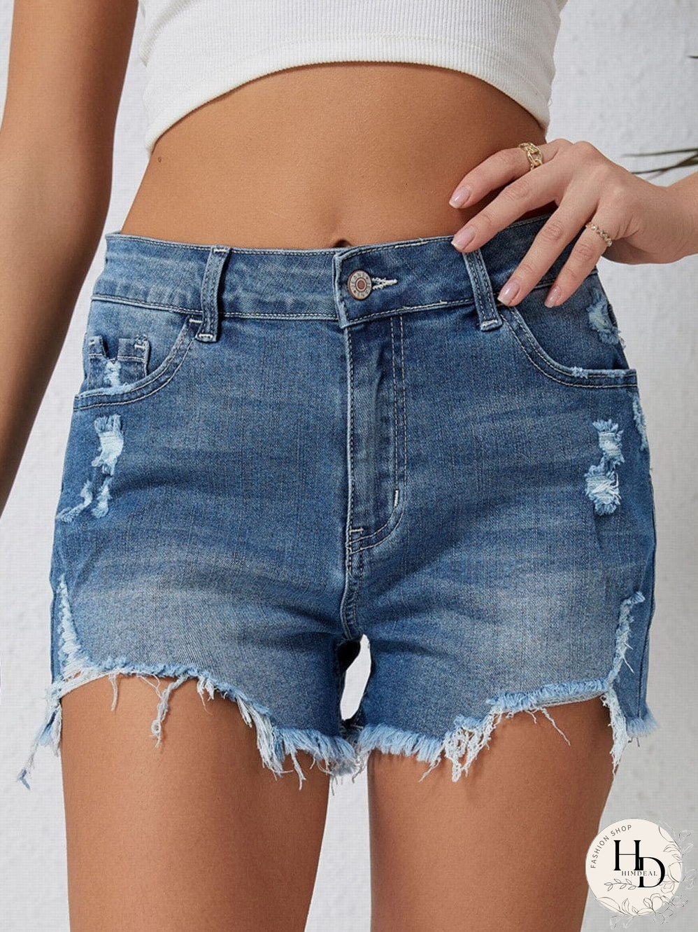 Sky Blue Distressed Denim Shorts with Raw Hem