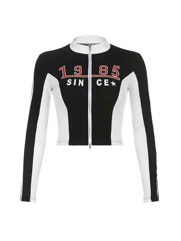 Motor Girl Statement Printed Color Block Zipper Stand Collar Jacket