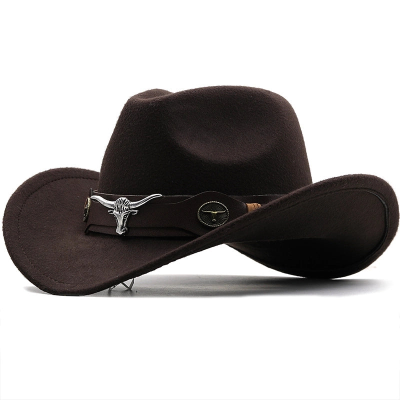 Simple Brim Hat Woolen Jazz Hat British Style Top Hat Cow Head Belt Solid Color Western Cowboy Hat