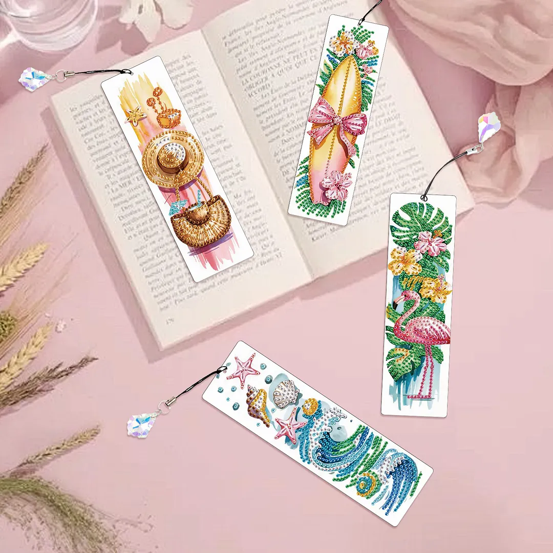 4Pcs Tropical Beach Style DIY Diamond Painting Bookmark with Crystal Pendants Diamond Painting Art Bookmarks Special Shape for DIY Making Beginners Adult Arts Craft Supplies