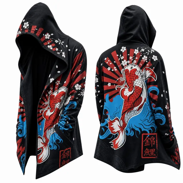 Techwear Japanese Blue Serpent Hooded Cloak Jacket