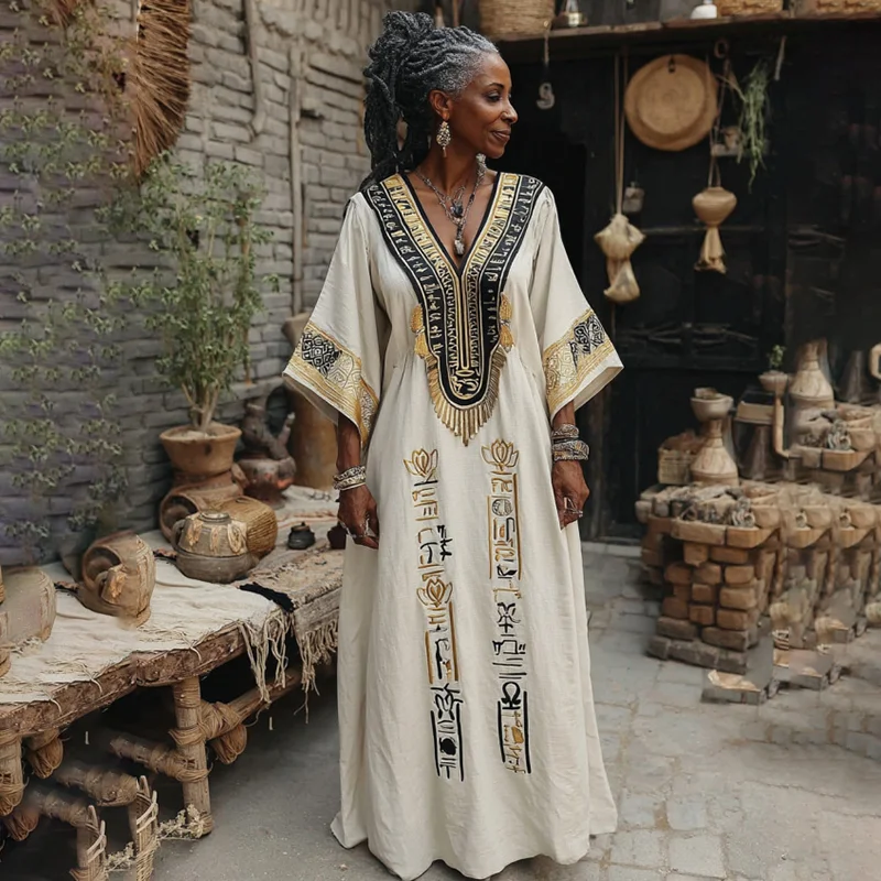 Women's Vintage Egyptian Pattern Art Casual V Neck  Linen Dress