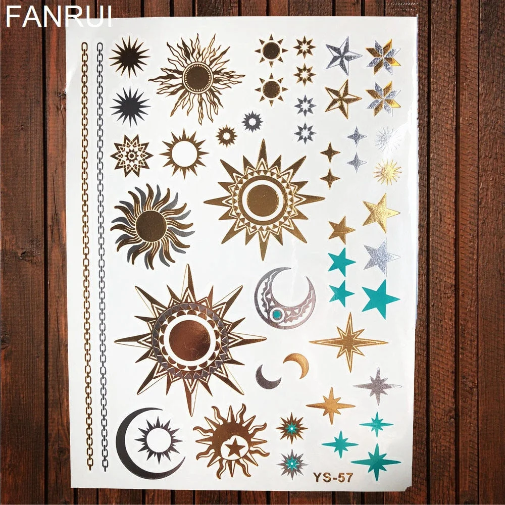 Star Moon Diamond Golden Metallic Tattoo Stickers Women Body Hands Art Temporary Tattoo Sexy Girl Leg Flash Tatto Glitter Metal