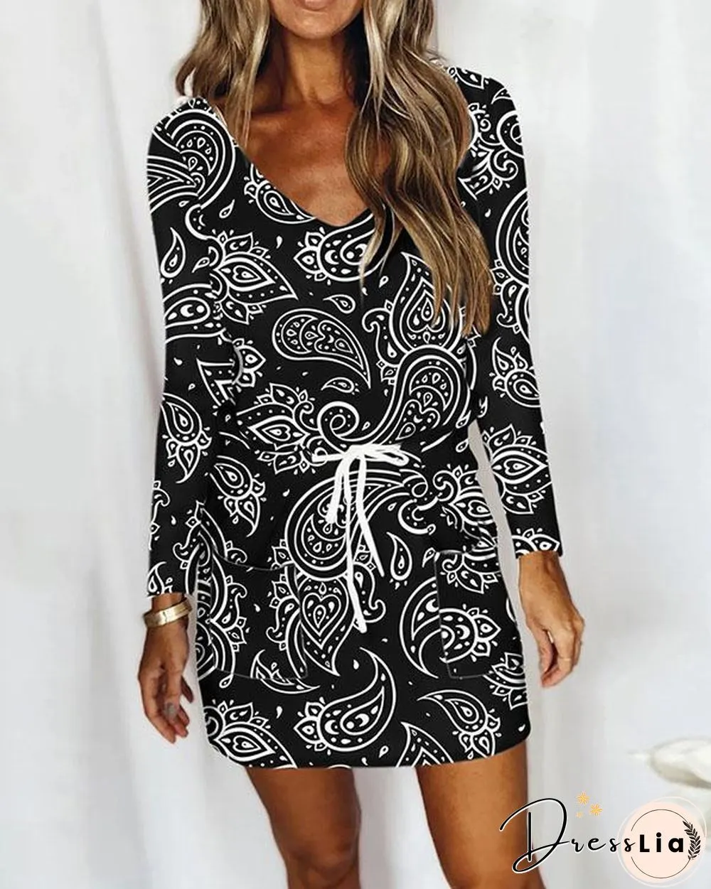 Casual V Neck Long Sleeve Print Mini Dress with Drawstring & Pockets