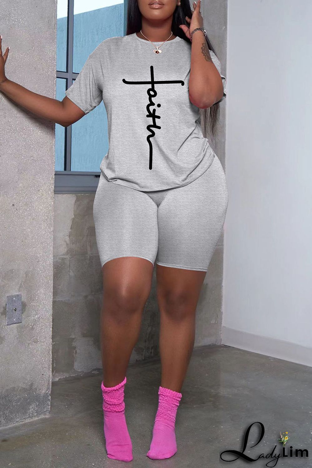 Grey Casual Print Split Joint O Neck Short Sleeve Two Pieces