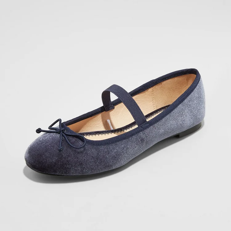 Navy Velvet Mary Jane Shoes Round Toe Flats Elastic Ballet Shoes |FSJ Shoes