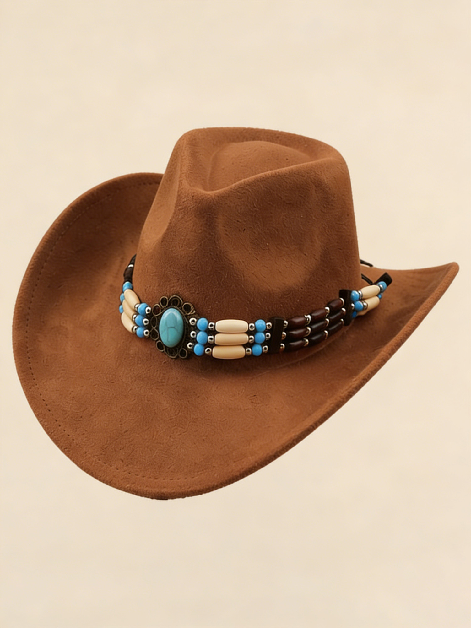 Road Trip & Photography Essential &mdash; Caramel Faux Suede Turquoise Concho & Ethnic Beaded Band Western Cowboy Hat