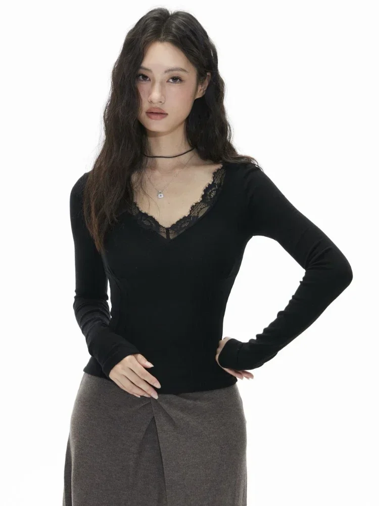 Txplogictic Y2k Aesthetic V Neck Lace T Shirts Women Hollow Out Sexy Harajuku T-shirts Back Lae See Through Slim Grunge Solid Tee Streetwear