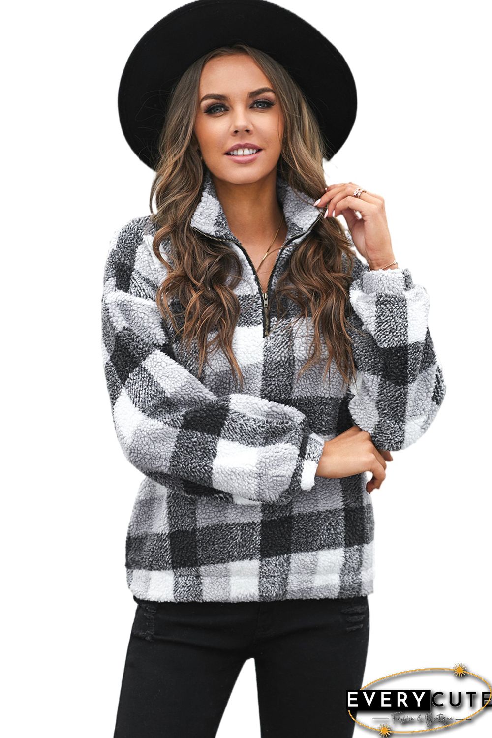 White Plaid Zipper Stand Collar Sherpa Pullover Sweatshirt