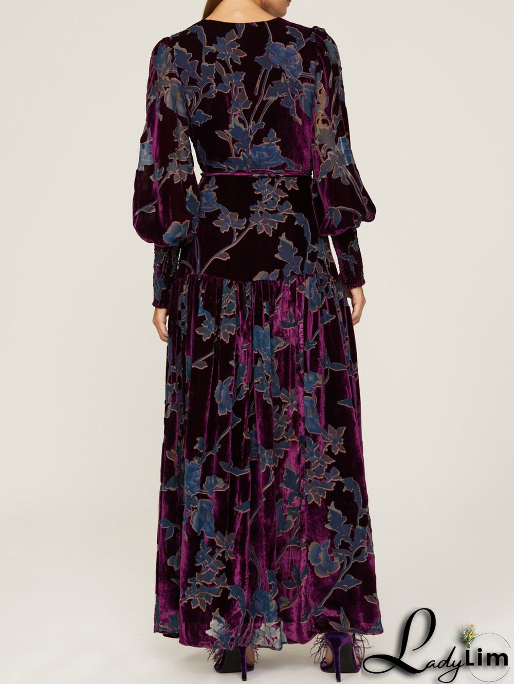 Elegant Floral V Neck Lantern Sleeve Velvet Gown Maxi Dress