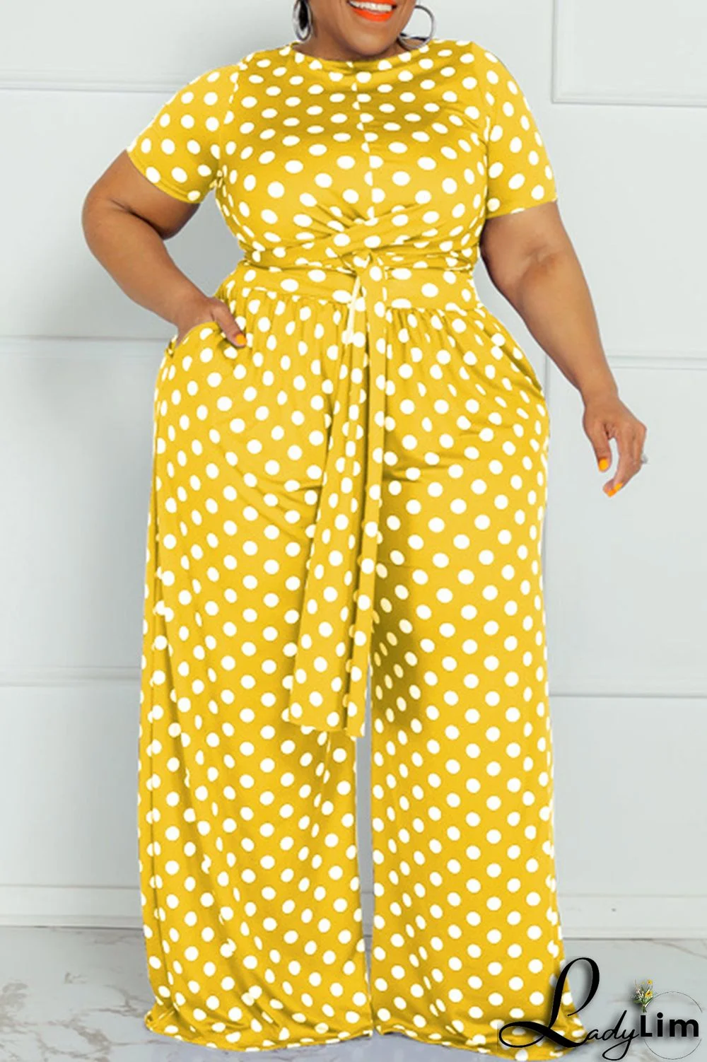 Yellow Fashion Casual Dot Print Bandage O Neck Plus Size Two Pieces