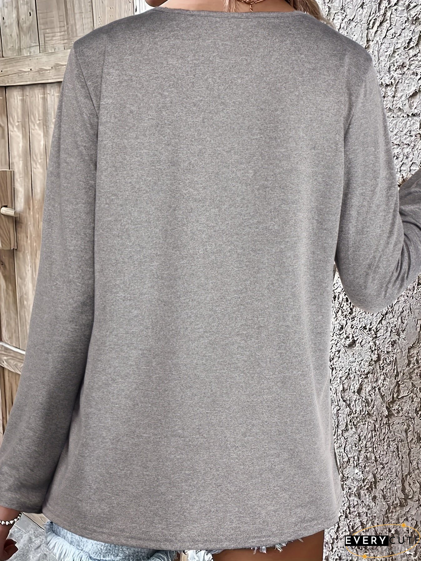 Solid Button Decor T-Shirt, Versatile Long Sleeve Comfy T-Shirt For Spring & Fall, Women's Clothing