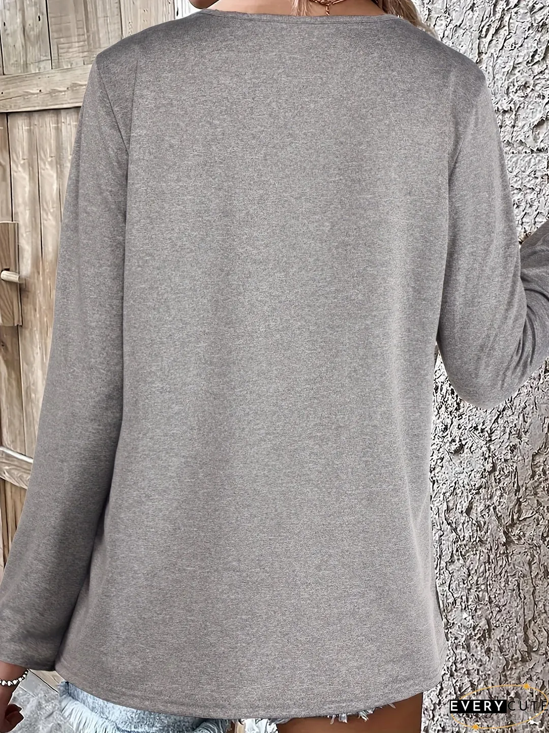 Solid Button Decor T-Shirt, Versatile Long Sleeve Comfy T-Shirt For Spring & Fall, Women's Clothing