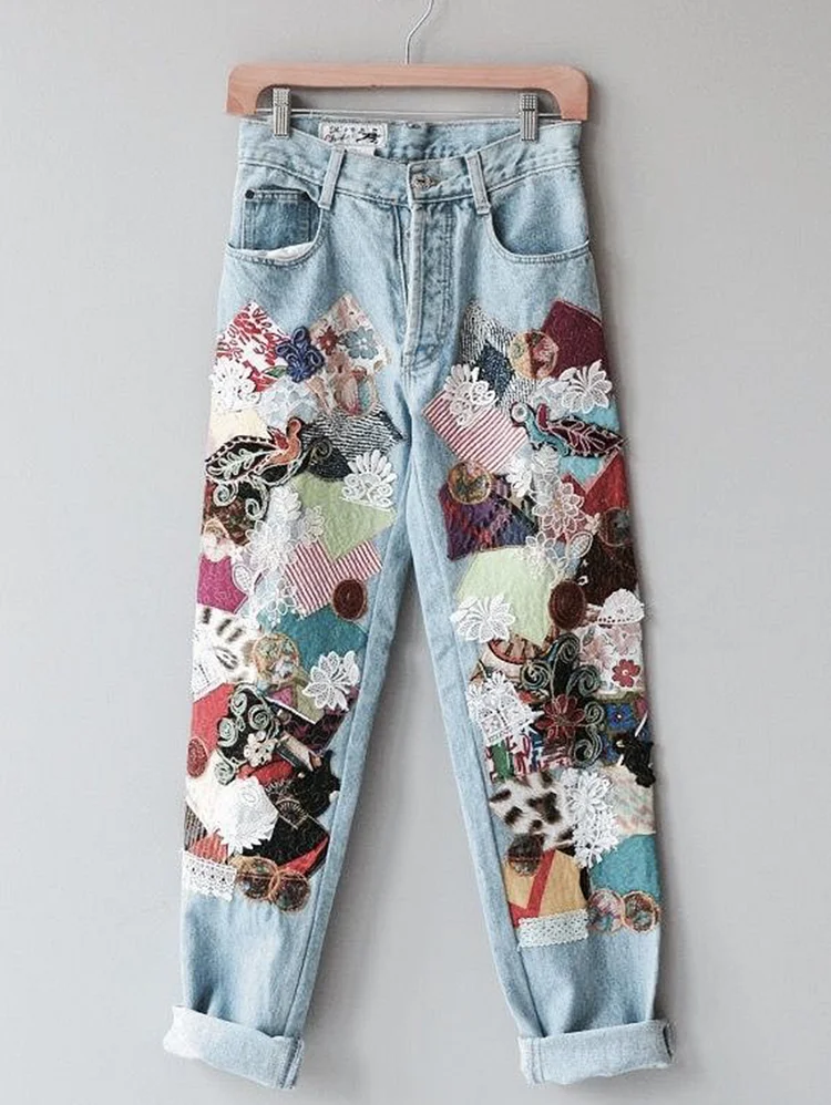 Casual Guipure Lace Graphic Floral Pocket Denim Straight Leg Jeans
