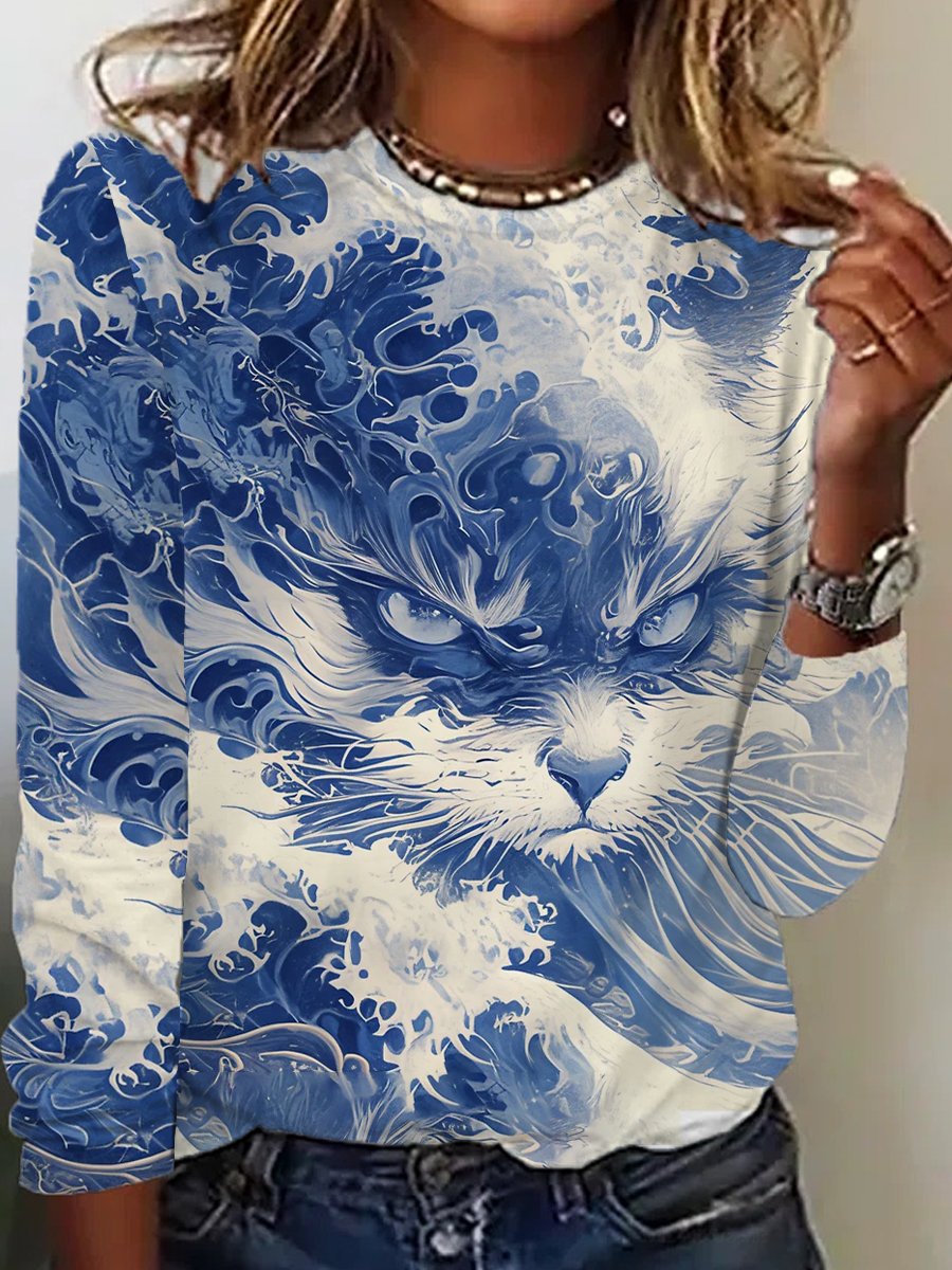 Women's Blue Waves&Cats Printed Casual Long Sleeve Top