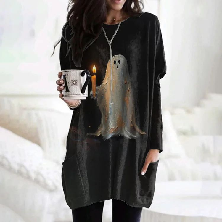 VChics Ghost Halloween Print Crew Neck Casual Tunic