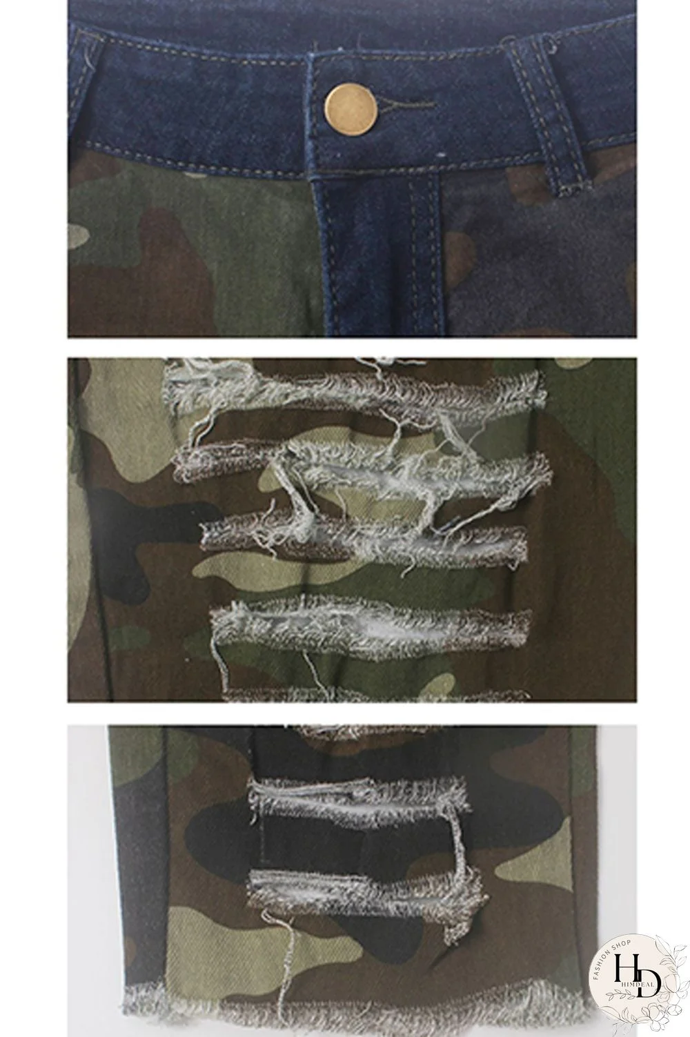 Camouflage Polyester Button Fly Sleeveless High Patchwork camouflage Print Hole pencil Pants