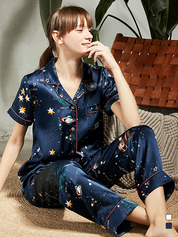 19 MOMME Pyjama classique en soie imprimé complet à manches courtes Bleu