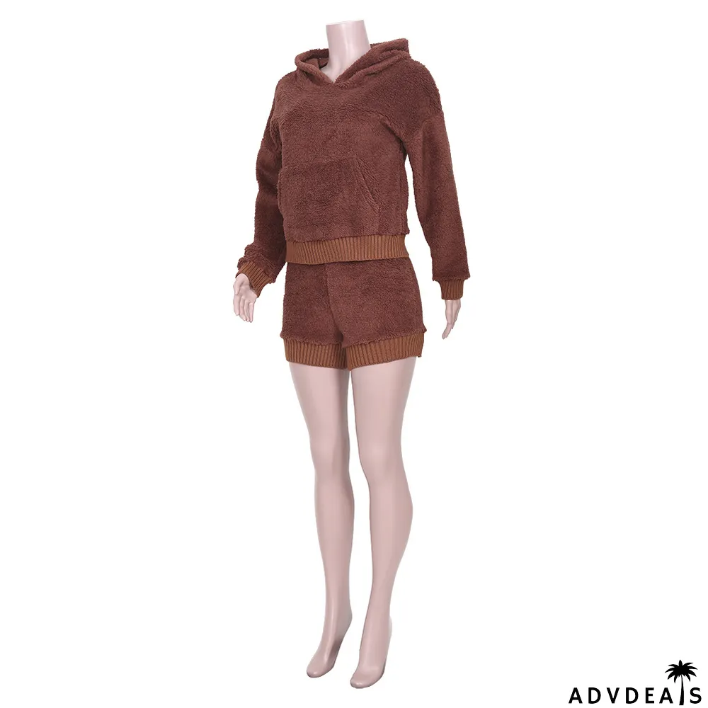Casual Plush Thick Hooded Long Sleeve 2 Piece Sets
