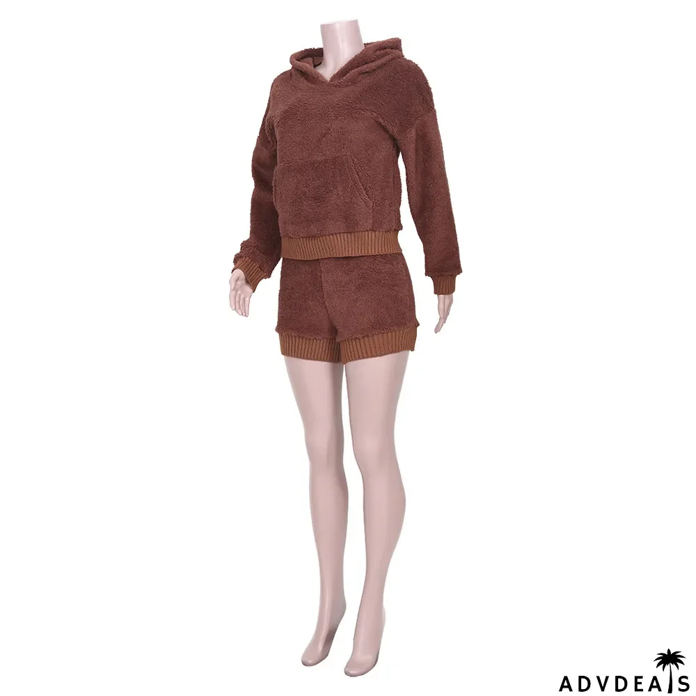 Casual Plush Thick Hooded Long Sleeve 2 Piece Sets