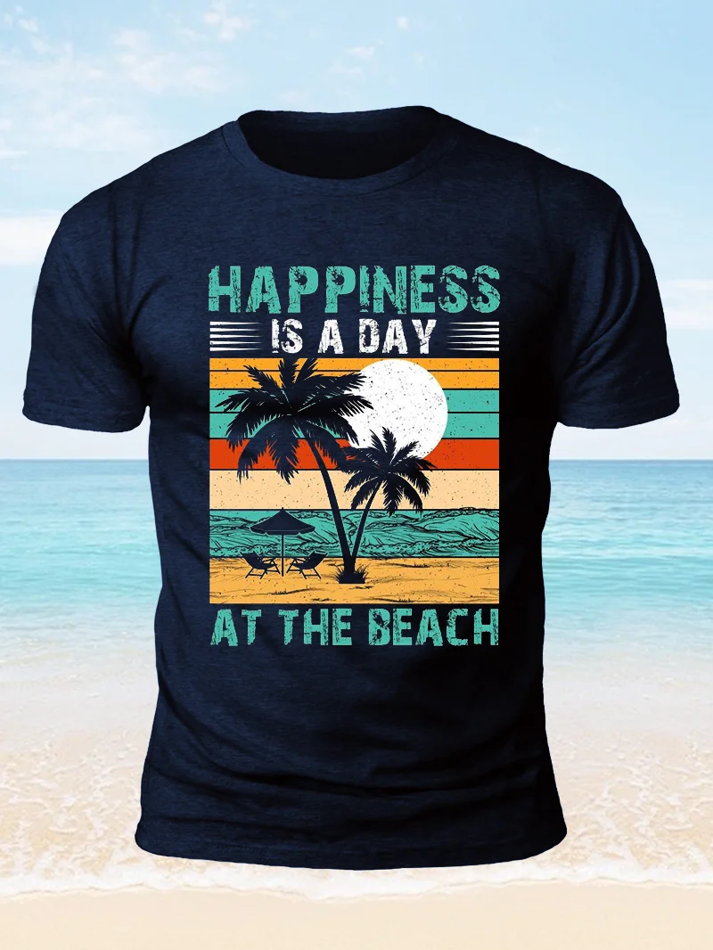 HAPPINESS IS DAY Sandy Beach Print Short Sleeve Men's T-Shirt in  mildstyles