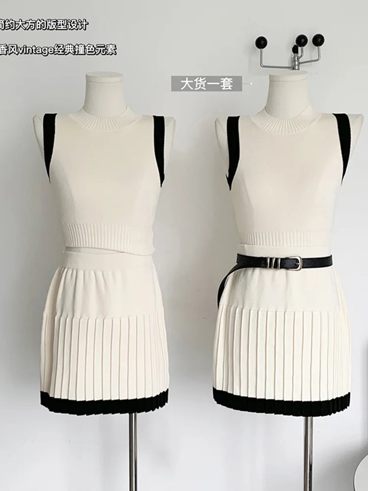 Churchf Women Vintage Old Money Knit Cute Core Rave Birthday Outfits 2 Piece Set Tank Top + Contrast Color Mini Pleated Skirt New-Outfit Ideas