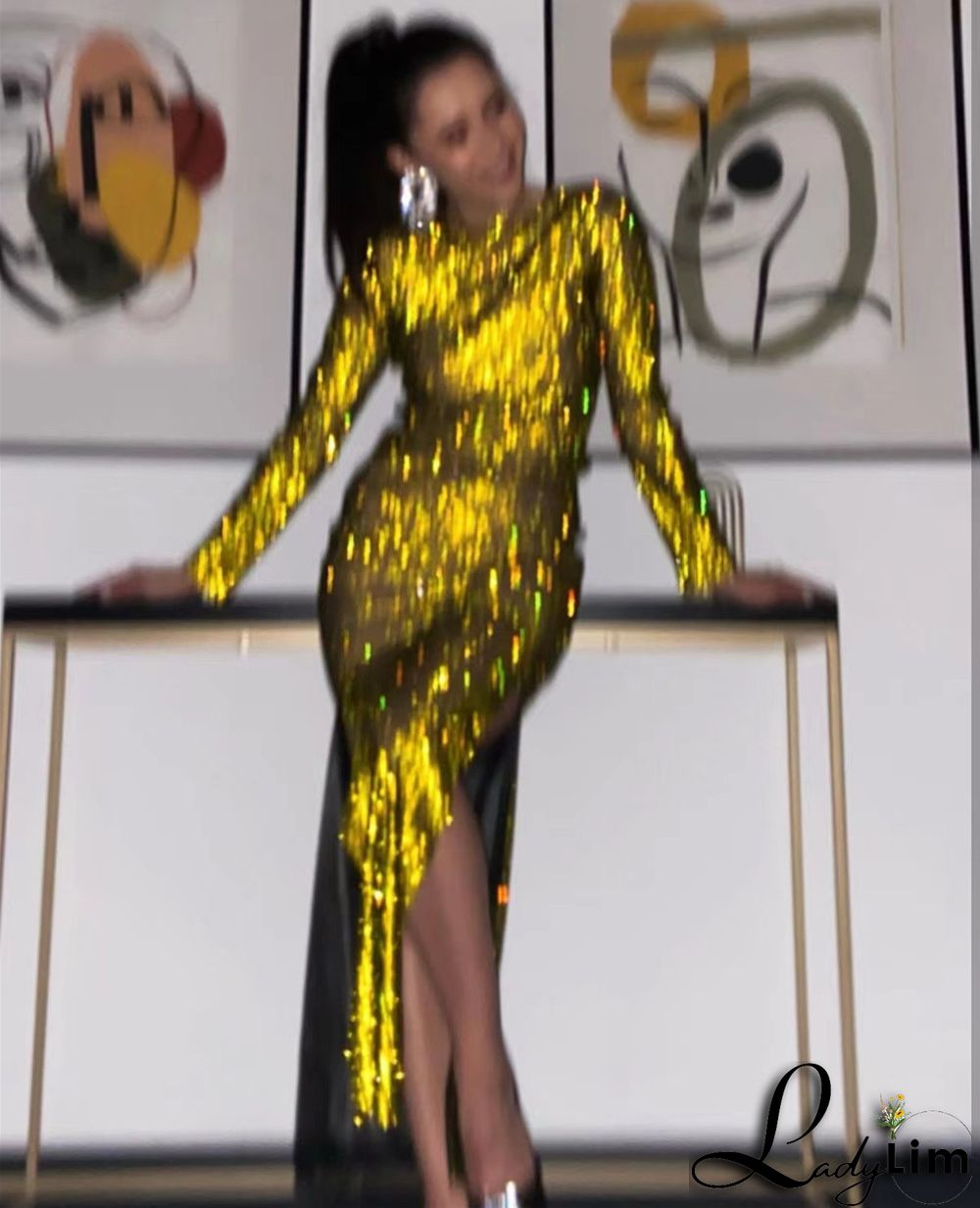 Women's Side Slit Party Night Round Neck Long Sleeve Sparkly Beaded Maxi Dress