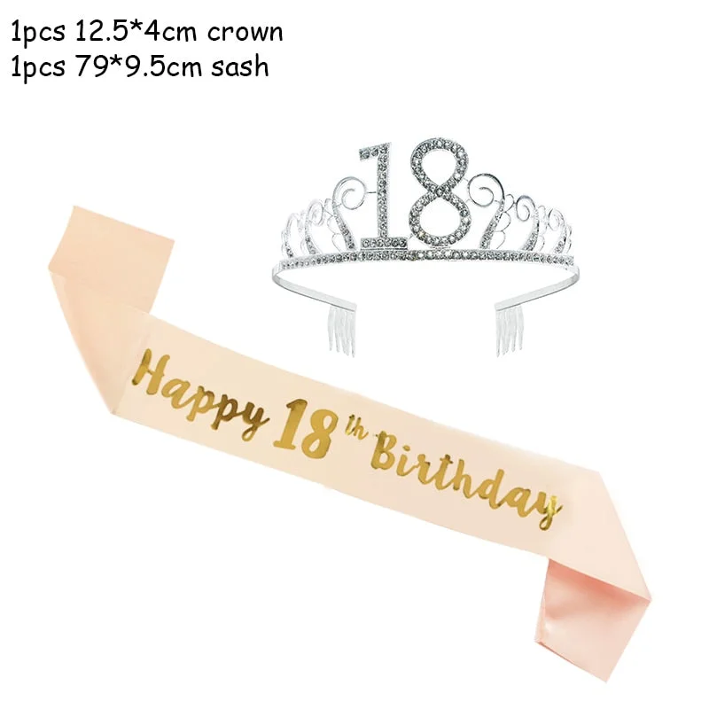 Happy Birthday 18th 30th 40th 50th Rose Gold Satin Sash Crystal Crown Tiara Adult Birthday Party Decoration Anniversary Supplies