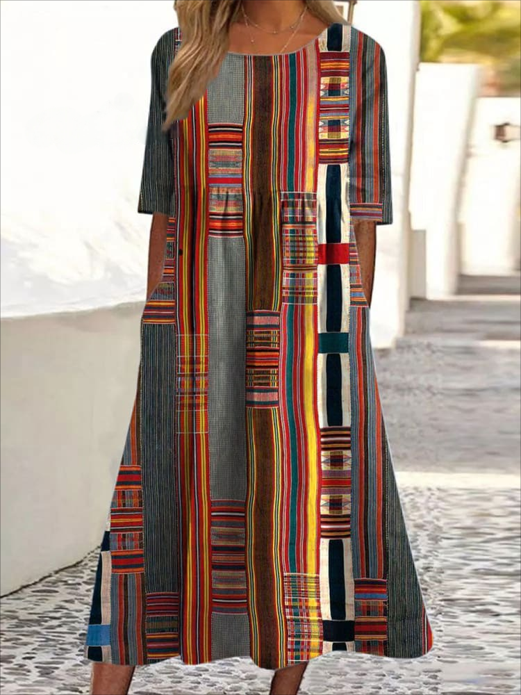 Vintage Abstract Art Print Round Neck Pocket Midi Dress