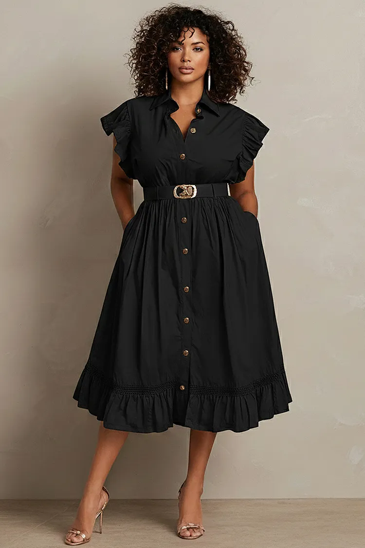 Xpluswear Design Plus Size Business Casual Pink Shirt Collar Flutter Sleeve Ruffle Pocket Midi Dresses [Pre-Order] 2024 - Xpluswear