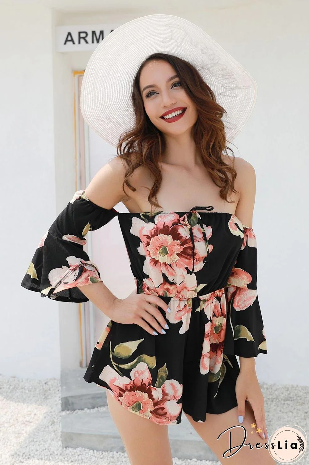 Flower Print Off-the-shoulder Backless Romper With Trumpet Sleeves