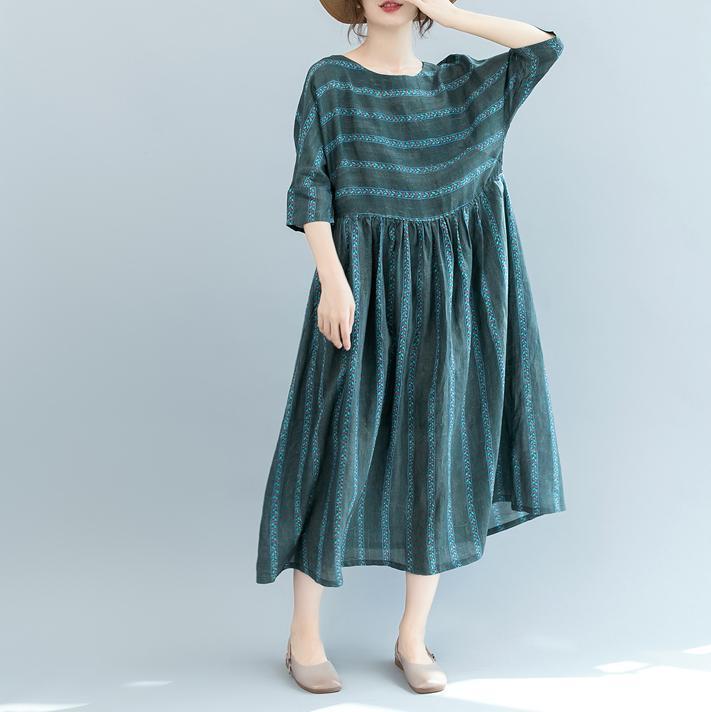 VCSHOES dull green striped natural linen dress oversized o neck baggy dresses linen clothing dress boutique short sleeve pockets gown