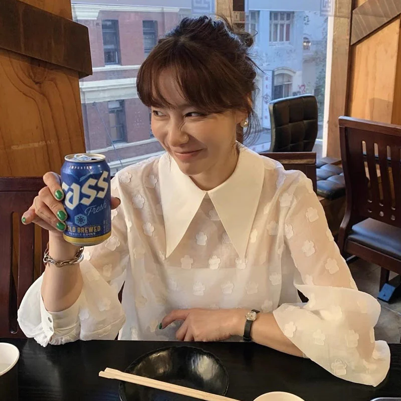 Woherb Woherb Gentle Pointed Collar Jacquard Shirt Female Summer Niche Design Sense Loose Casual Versatile Long-Sleeved Top-Outfit Ideas