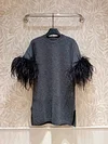 2024 Autumn Women's T-shirt Fashion Exquisite Cuff Splicing Ostrich Feather Sleeve Knitted Sweater Top Casual Hoodie