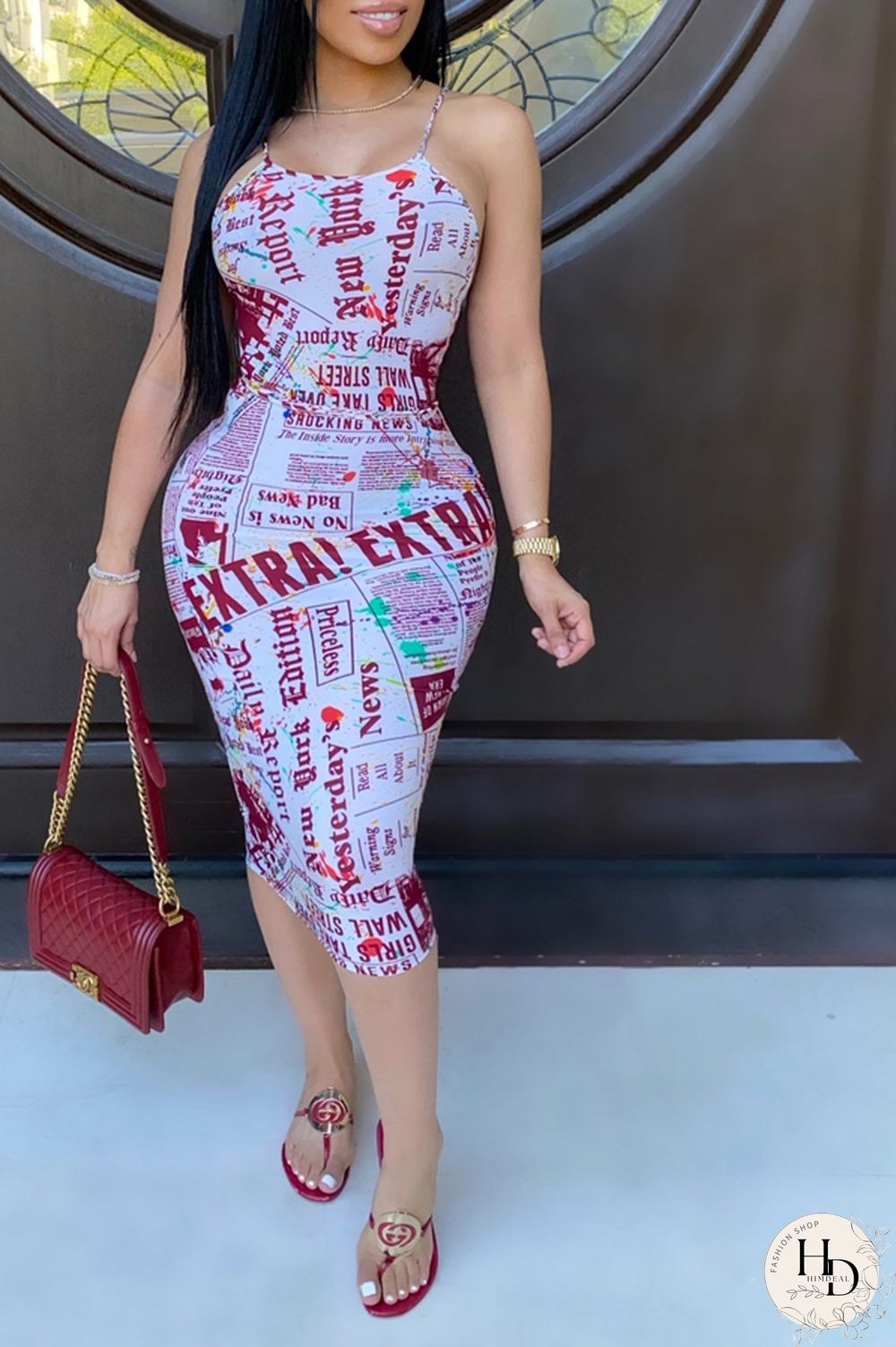 Black Sexy Spaghetti Strap Sleeveless Slip Step Skirt Knee-Length Print Character bandage Dresses