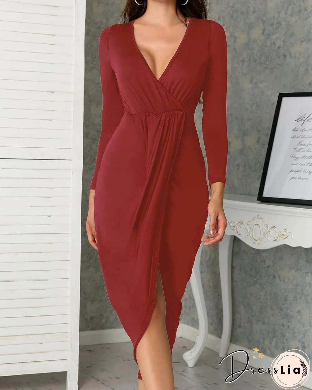 Deep V Ruched Tulip Hem Party Dress