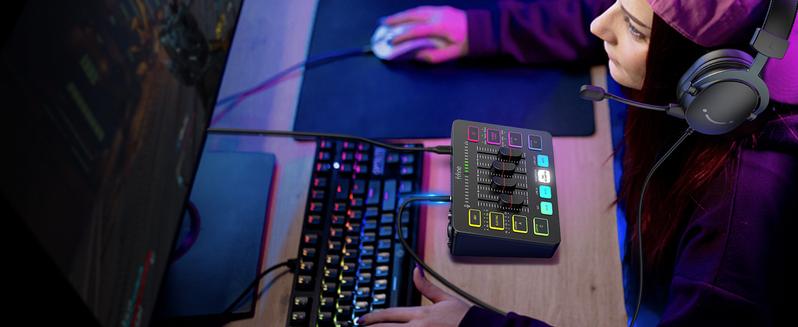 Product Introduction of FIFINE Gaming Audio Mixer with XLR Cable Bundle. Streaming RGB PC Mixer with Microphone Cable. XLR Interface. Volume Faders. Mute Button. Computer Mic for Recording/Podcast/Vocal/Game Voice 5