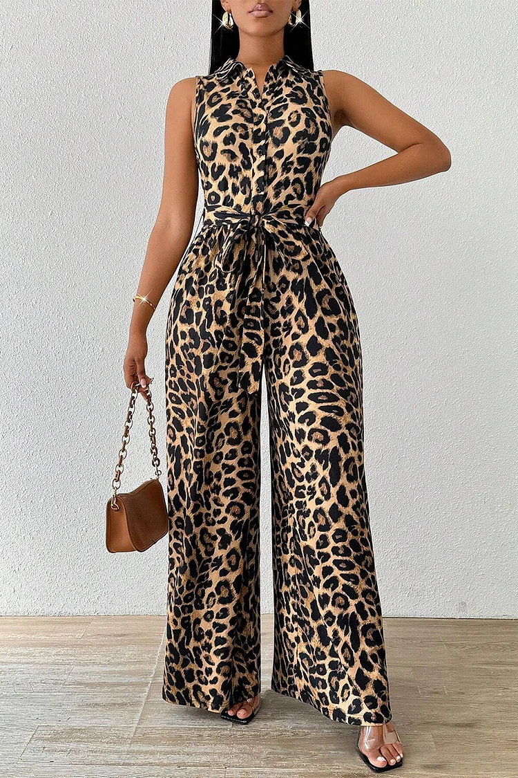 Leopard Print Sleeveless Turndown Collar Tie Belt Wide Leg Jumpsuit-Beige