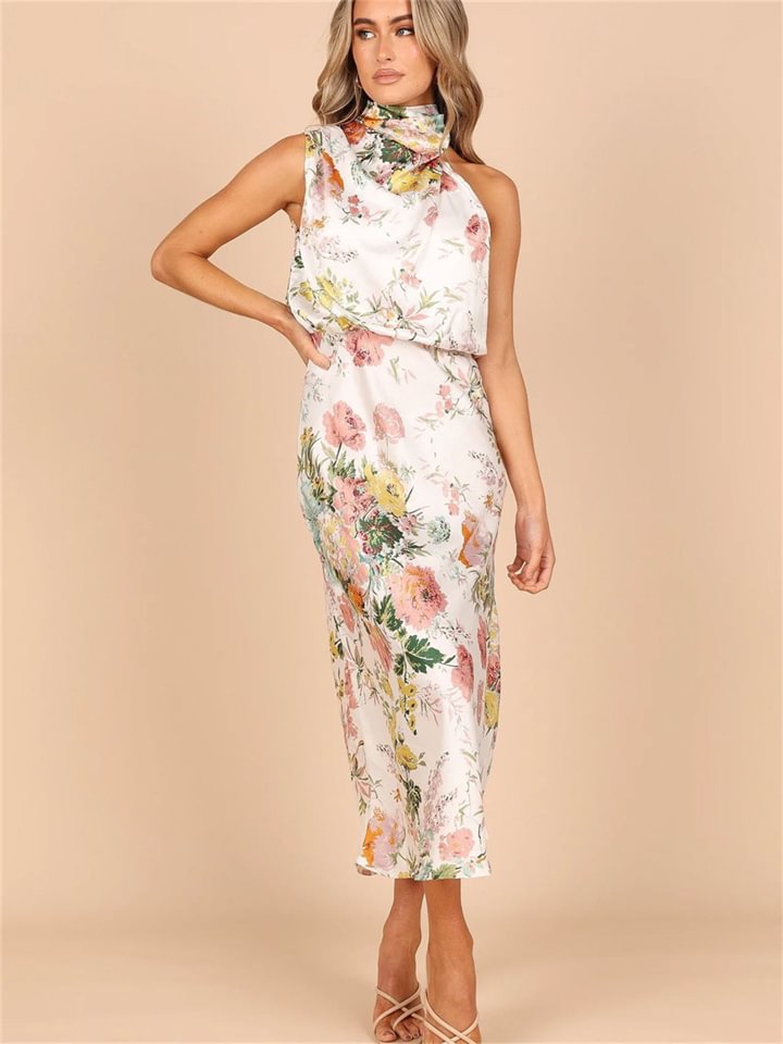 Summer Light Mature Temperament Women's Sleeveless Hanging Neck Multicolor Dress -vasmok