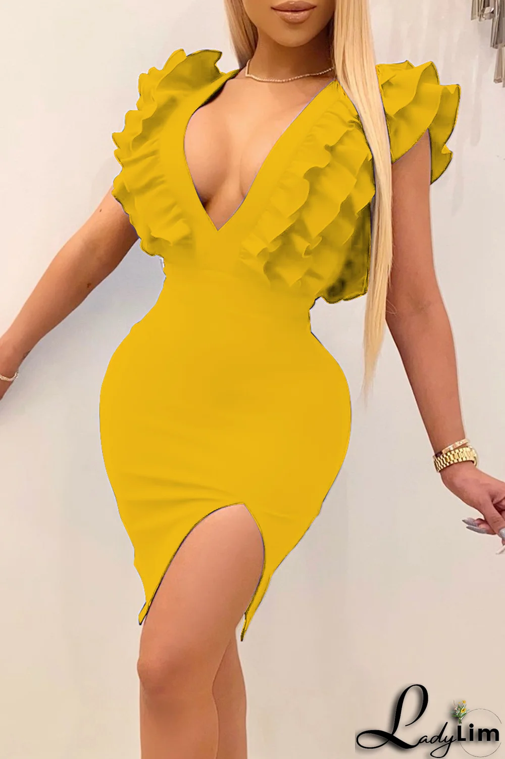 Blue Sexy Solid Flounce V Neck Pencil Skirt Dresses