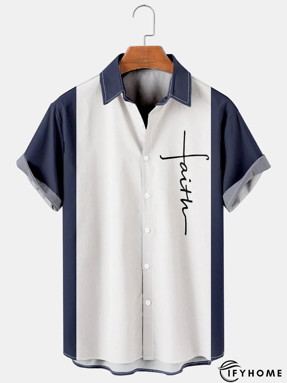 Mens Crucifix Print Casual Breathable Short Sleeve Bowling Shirt | IFYHOME
